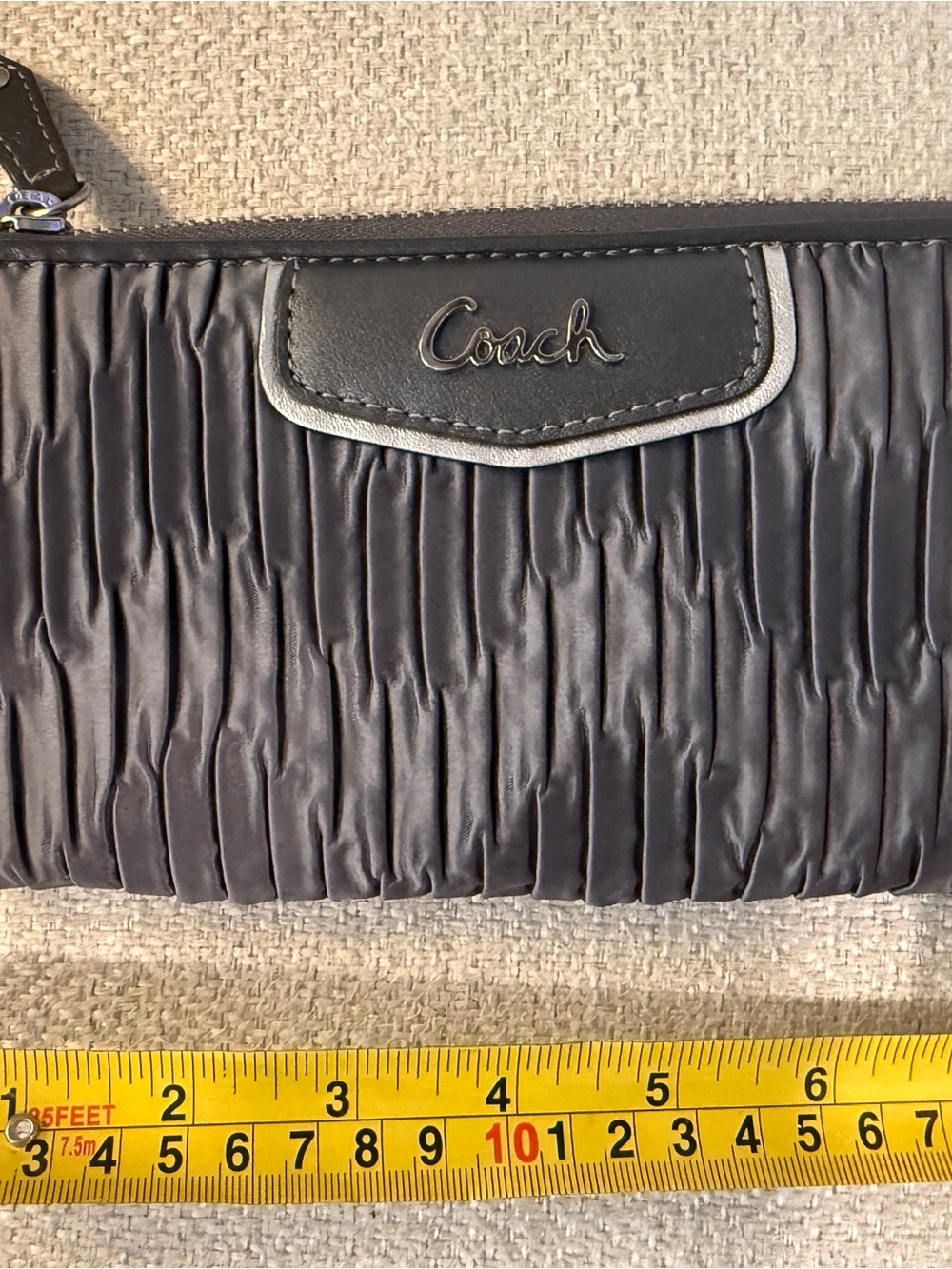 Coach Gray Ruched Satin Wristlet with Silver Trim